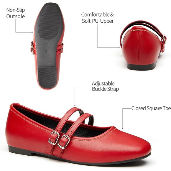 Trary Women Red Polyurethane Square Toe Slip On Buckle Strap Ballet Flats - Picture 4 of 6